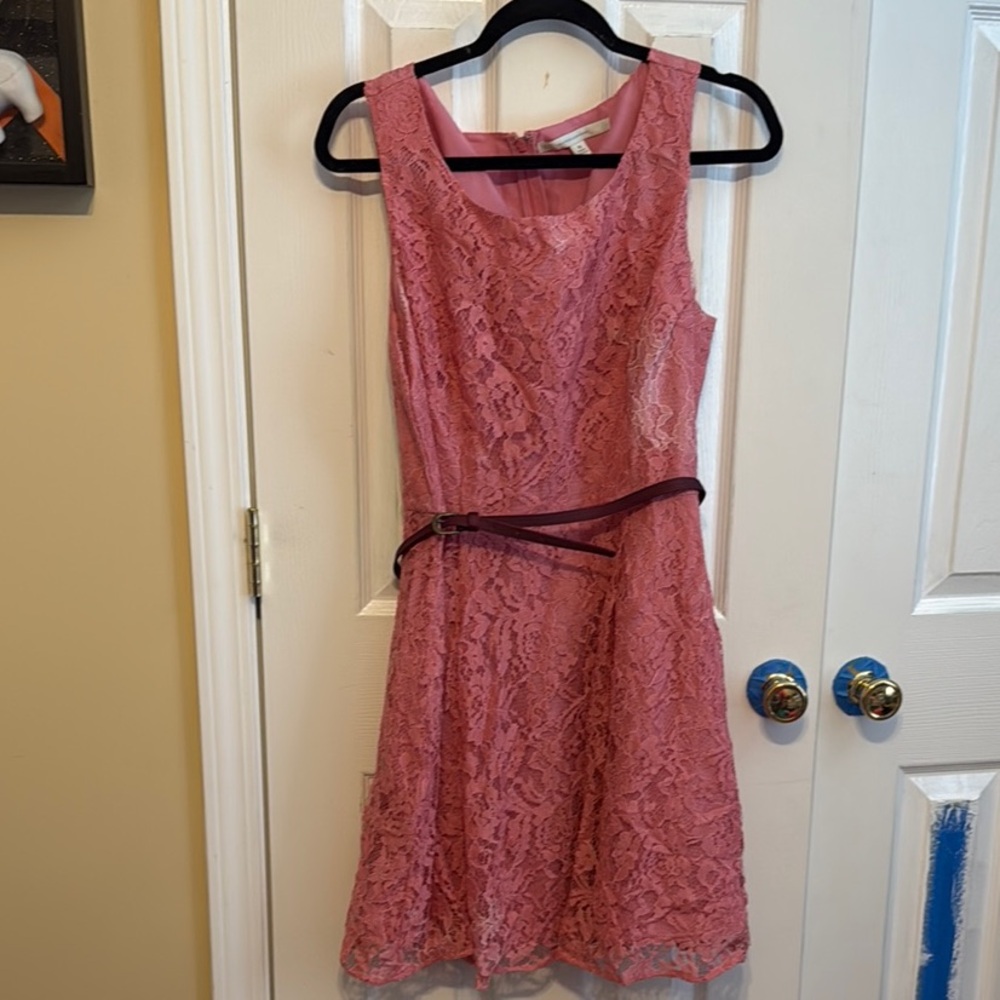 Pink Lace Sleeveless Dress with Belt
